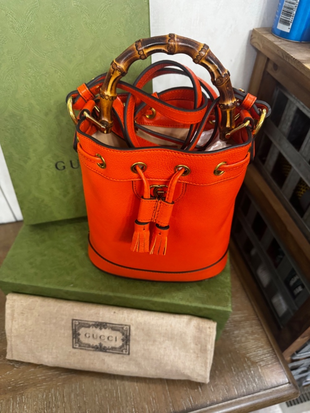 Gucci Diana Small Tote Bag - Orange Bucket Bag with Bamboo Handle - Picture 5 of 5
